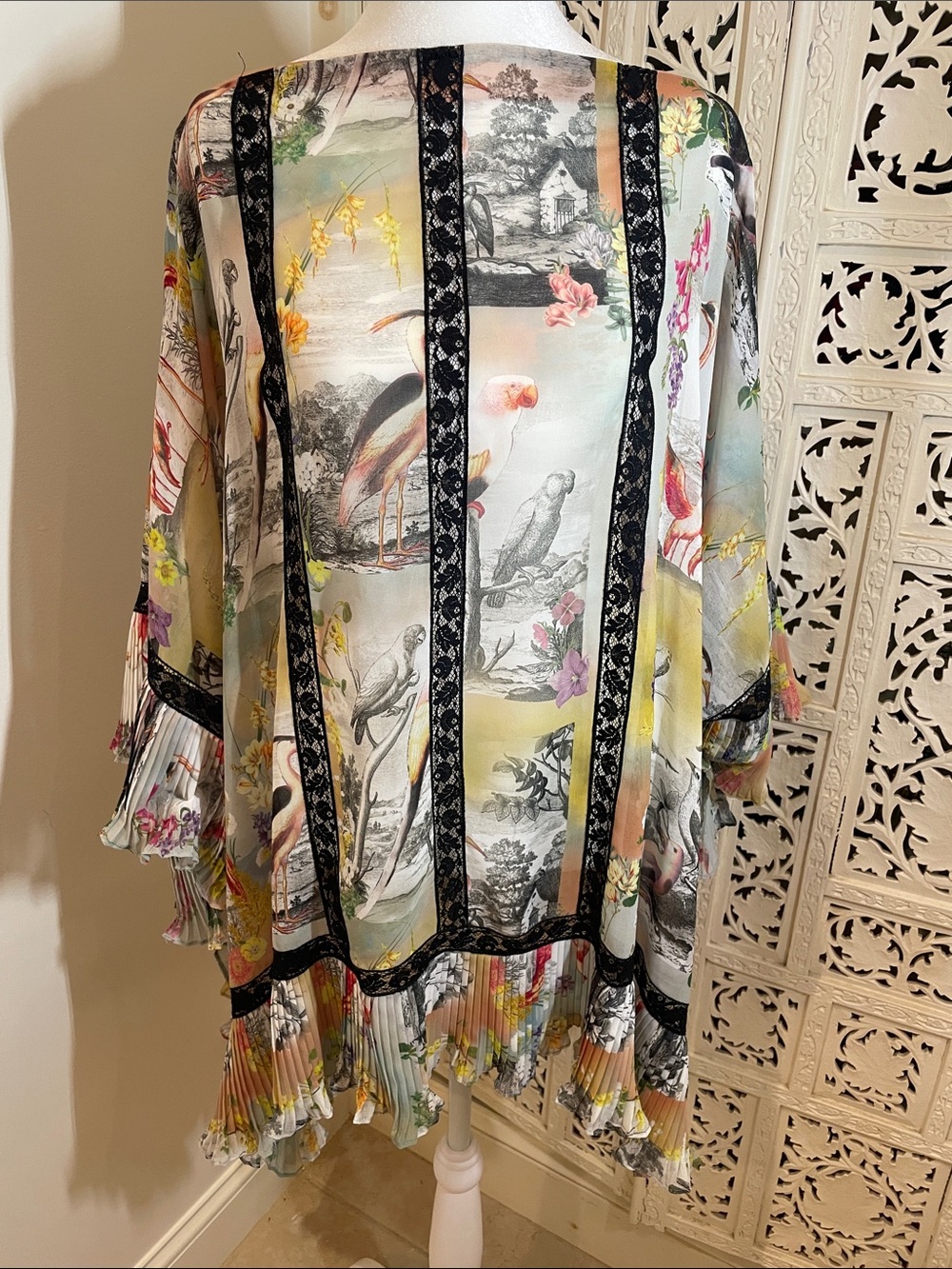 Etro Multi-Color Floral & Bird Print Kimono with Black Lace Trim
